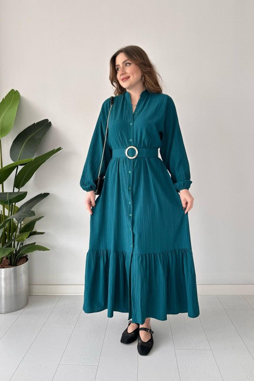 Robe froissée ceinturée Pétrole
