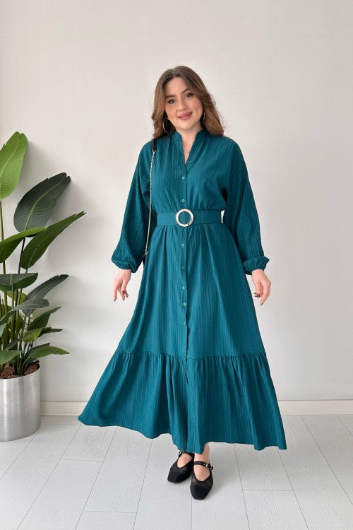 Robe froissée ceinturée Pétrole