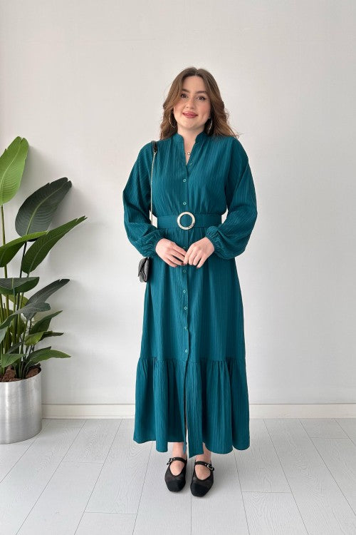 Robe froissée ceinturée Pétrole