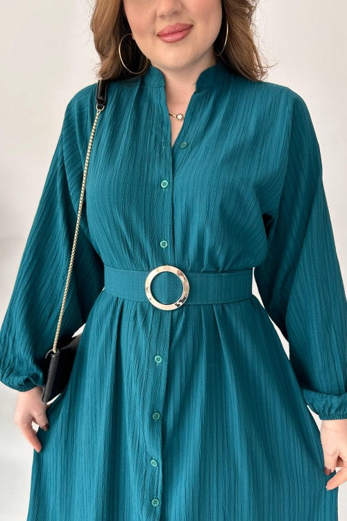 Robe froissée ceinturée Pétrole