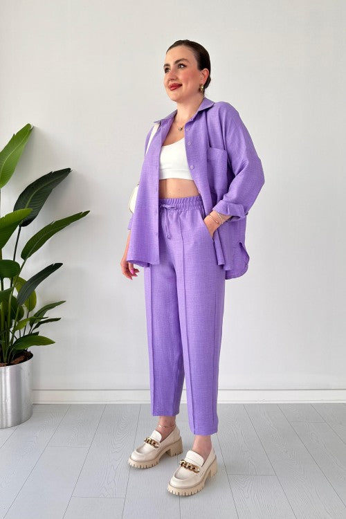 Costume deux pièces en lin lilas