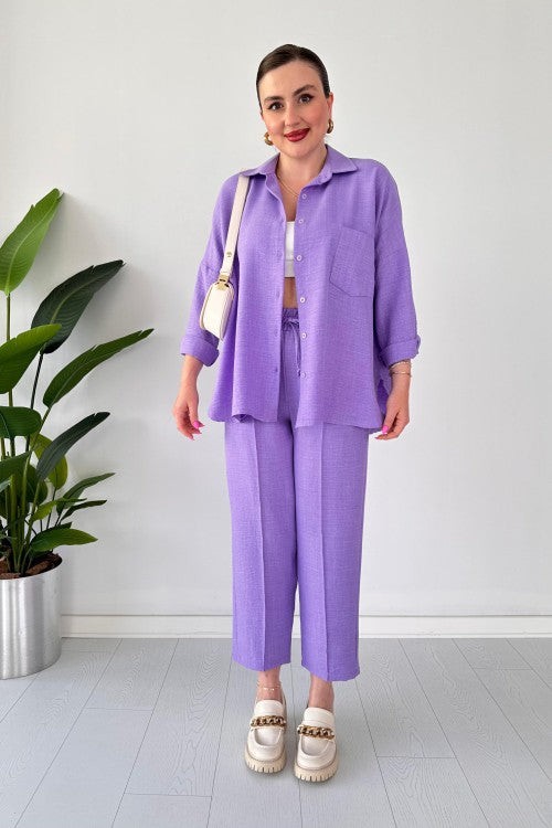 Costume deux pièces en lin lilas