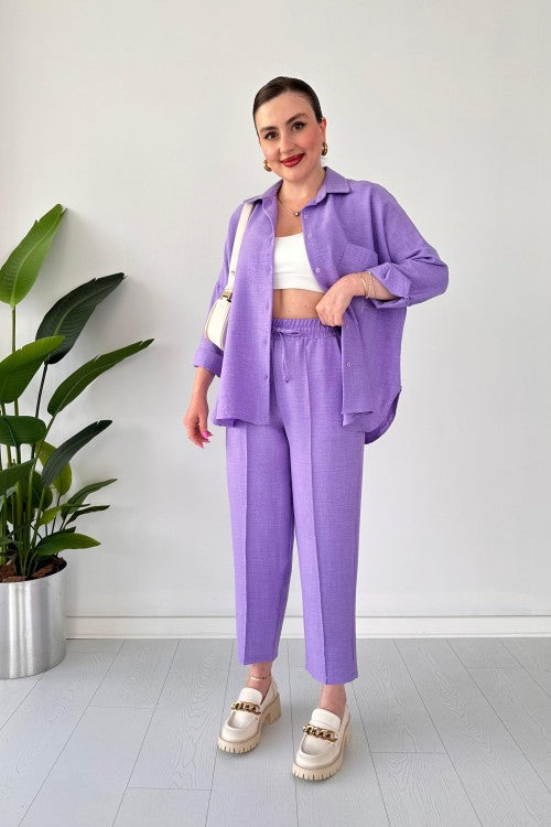 Costume deux pièces en lin lilas