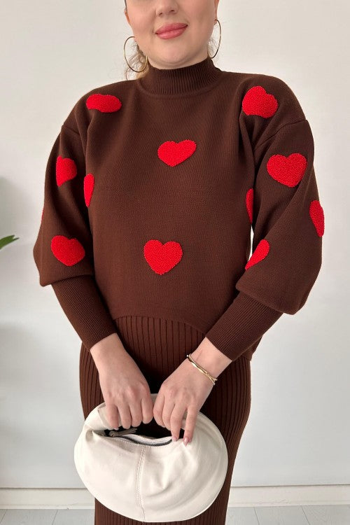Ensemble robe pull cœur rouge marron