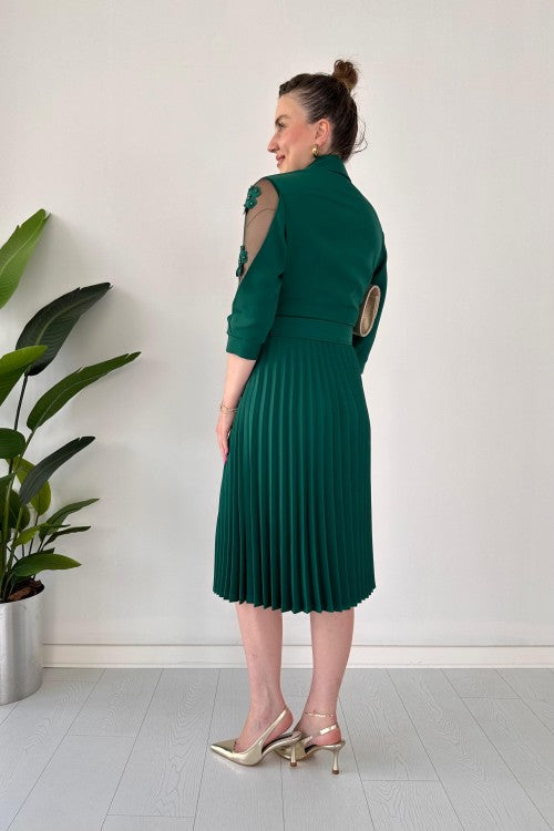 Robe à manches plissées en tulle émeraude