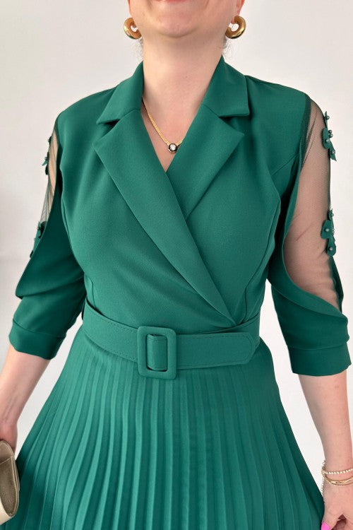 Robe à manches plissées en tulle émeraude