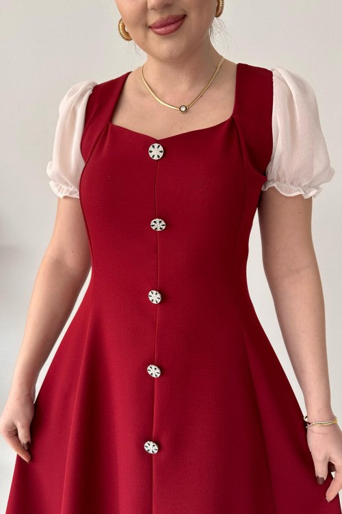 Robe évasée à manches en tulle rouge bordeaux