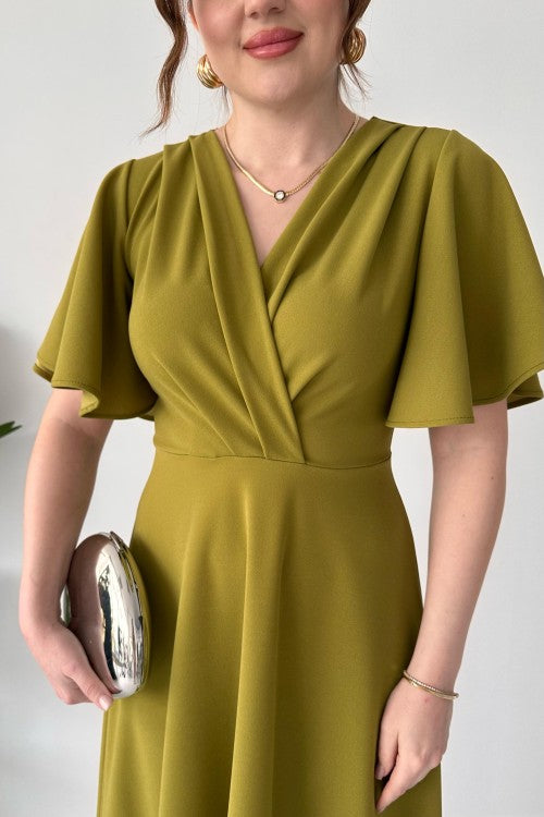 Robe en crêpe à manches volantées vert pétrole