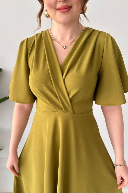 Robe en crêpe à manches volantées vert pétrole