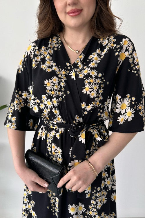 Robe à manches volantées et motif marguerites noire