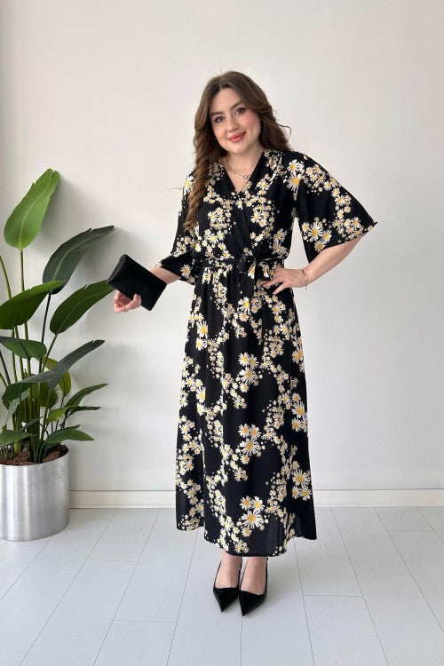 Robe à manches volantées et motif marguerites noire