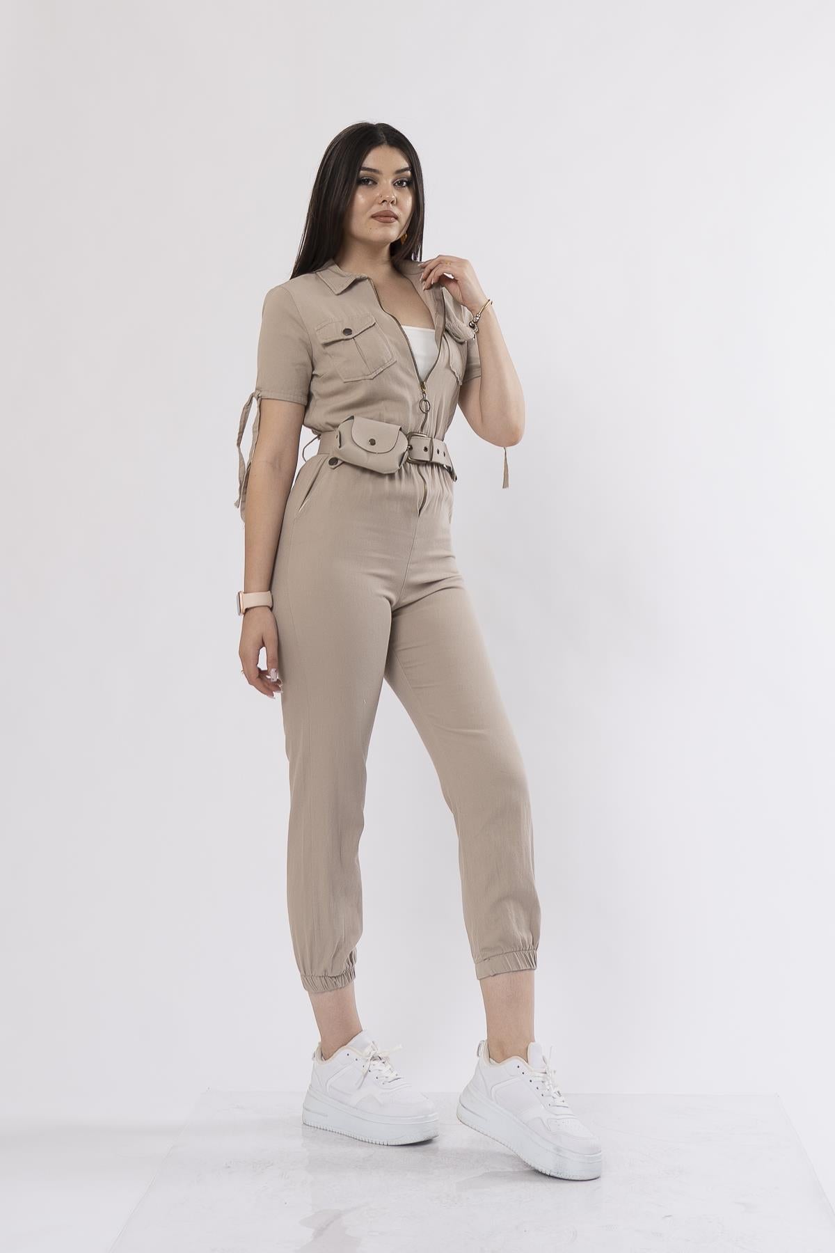 Kot Gabardin Kumaş Önden Fermuarlı Çanta Detaylı Paça Lastikli Tulum