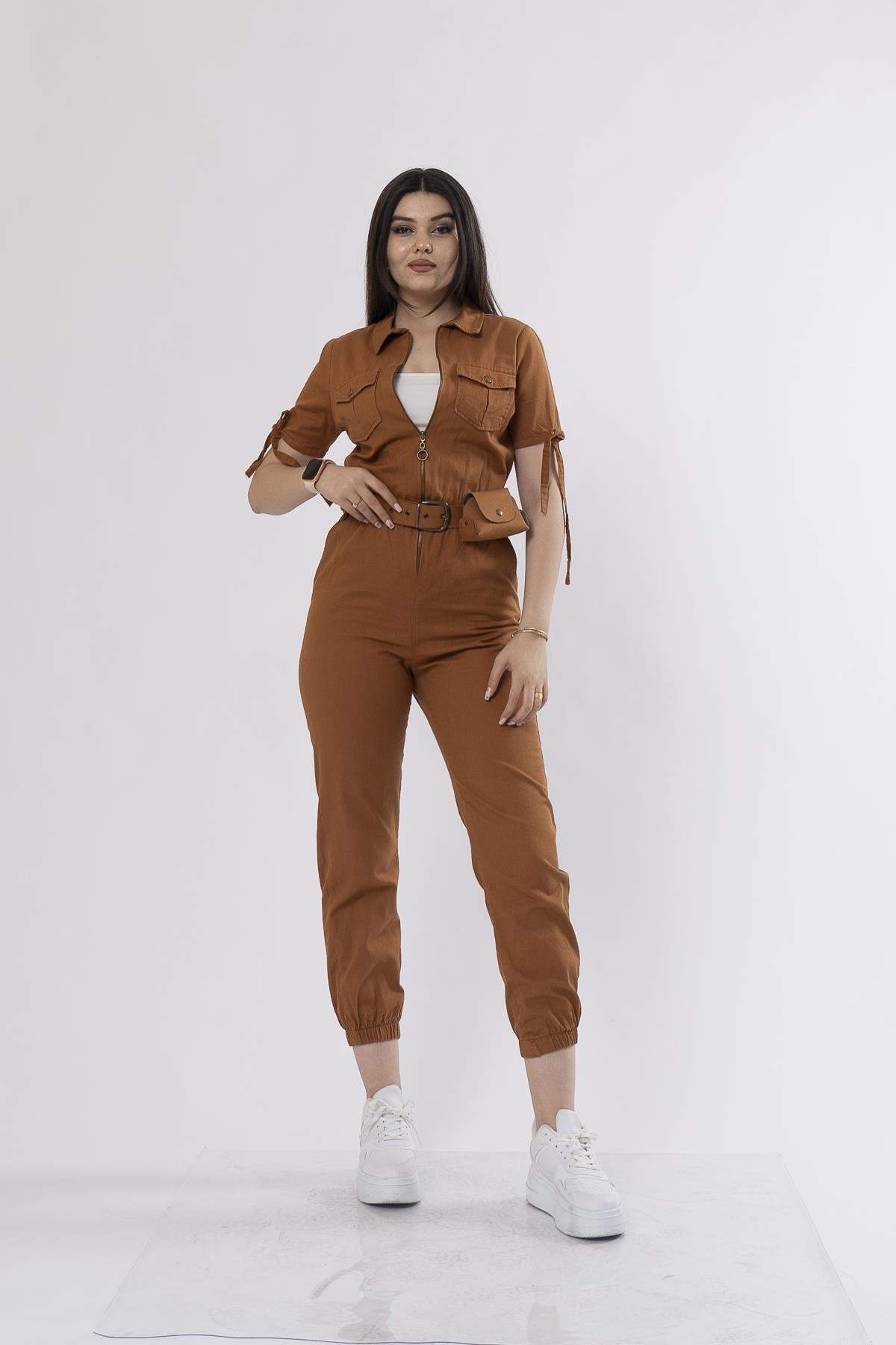 Kot Gabardin Kumaş Önden Fermuarlı Çanta Detaylı Paça Lastikli Tulum