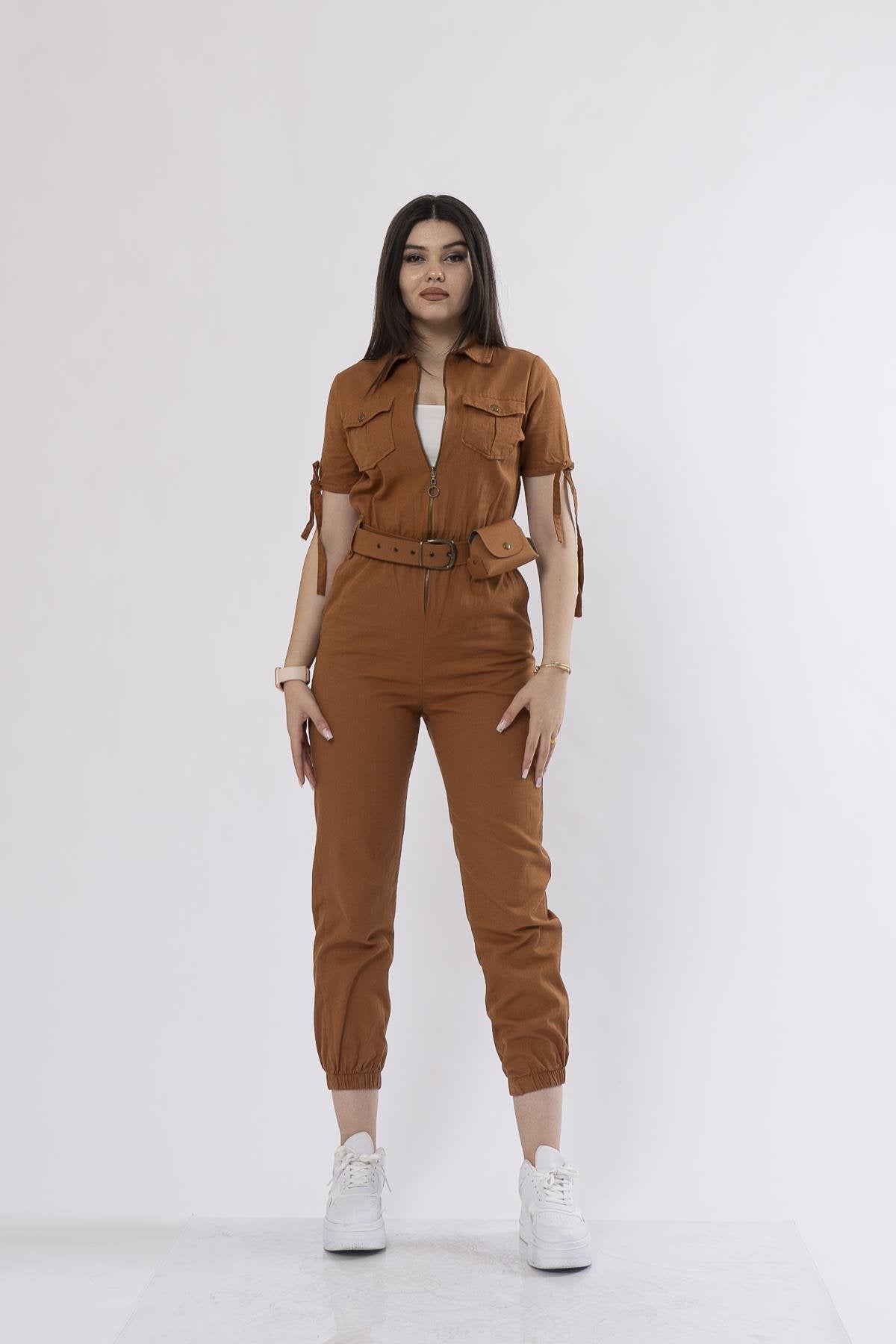 Kot Gabardin Kumaş Önden Fermuarlı Çanta Detaylı Paça Lastikli Tulum