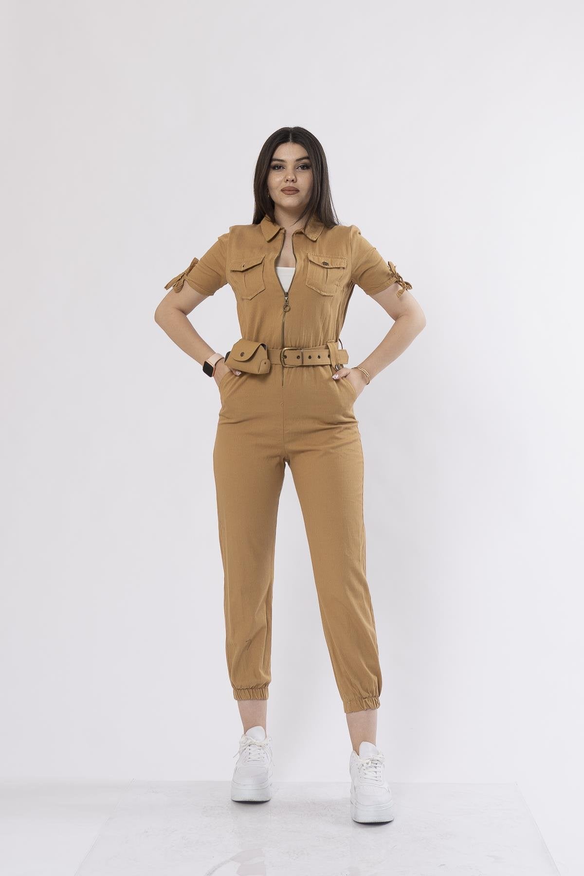 Kot Gabardin Kumaş Önden Fermuarlı Çanta Detaylı Paça Lastikli Tulum