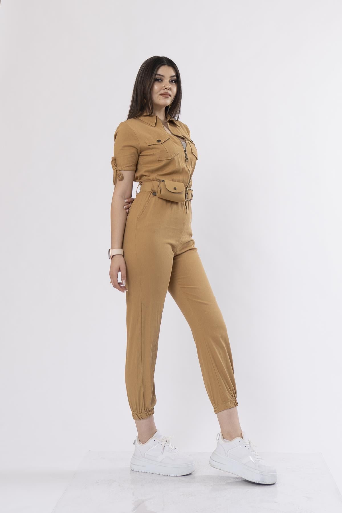 Kot Gabardin Kumaş Önden Fermuarlı Çanta Detaylı Paça Lastikli Tulum
