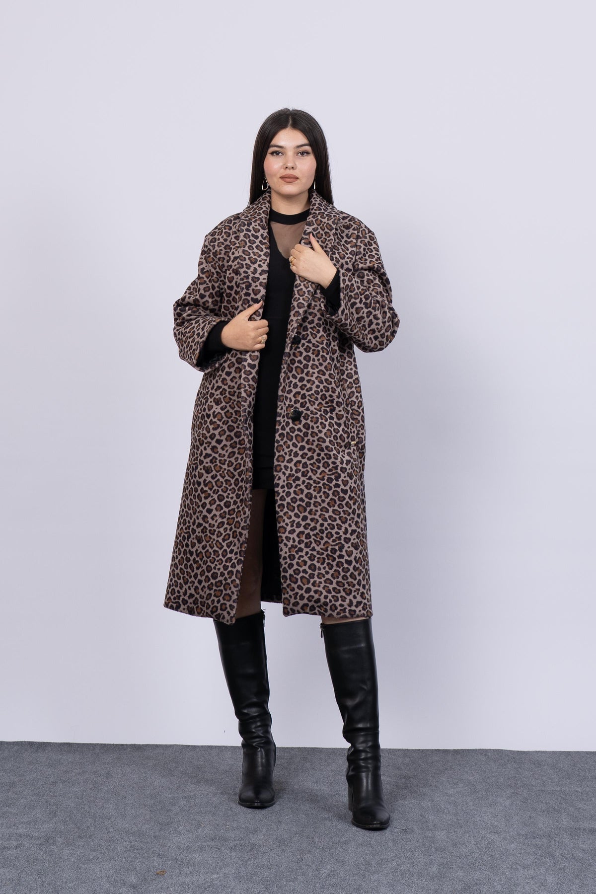 Leopar Desenli Uzun Trend Kaban 2577