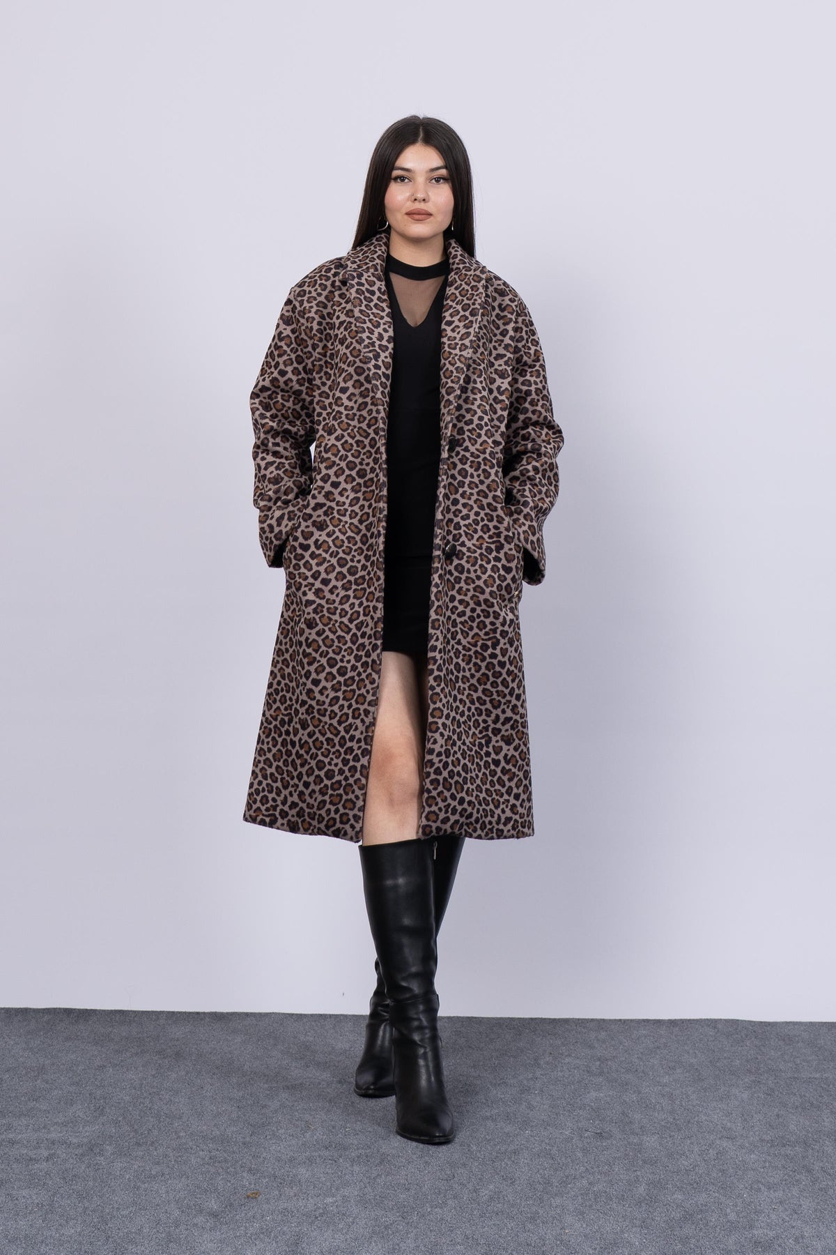Leopar Desenli Uzun Trend Kaban 2577
