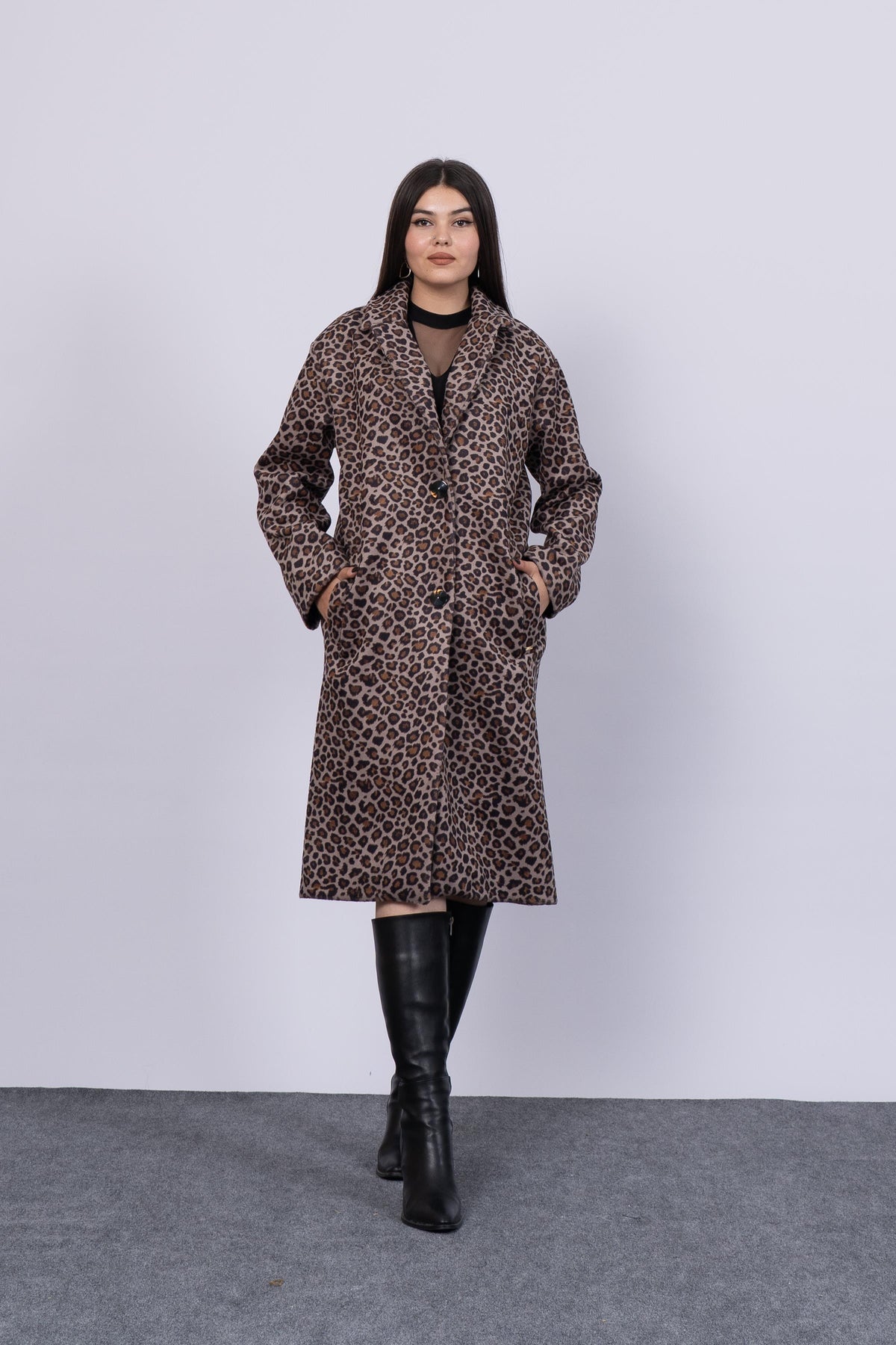 Leopar Desenli Uzun Trend Kaban 2577