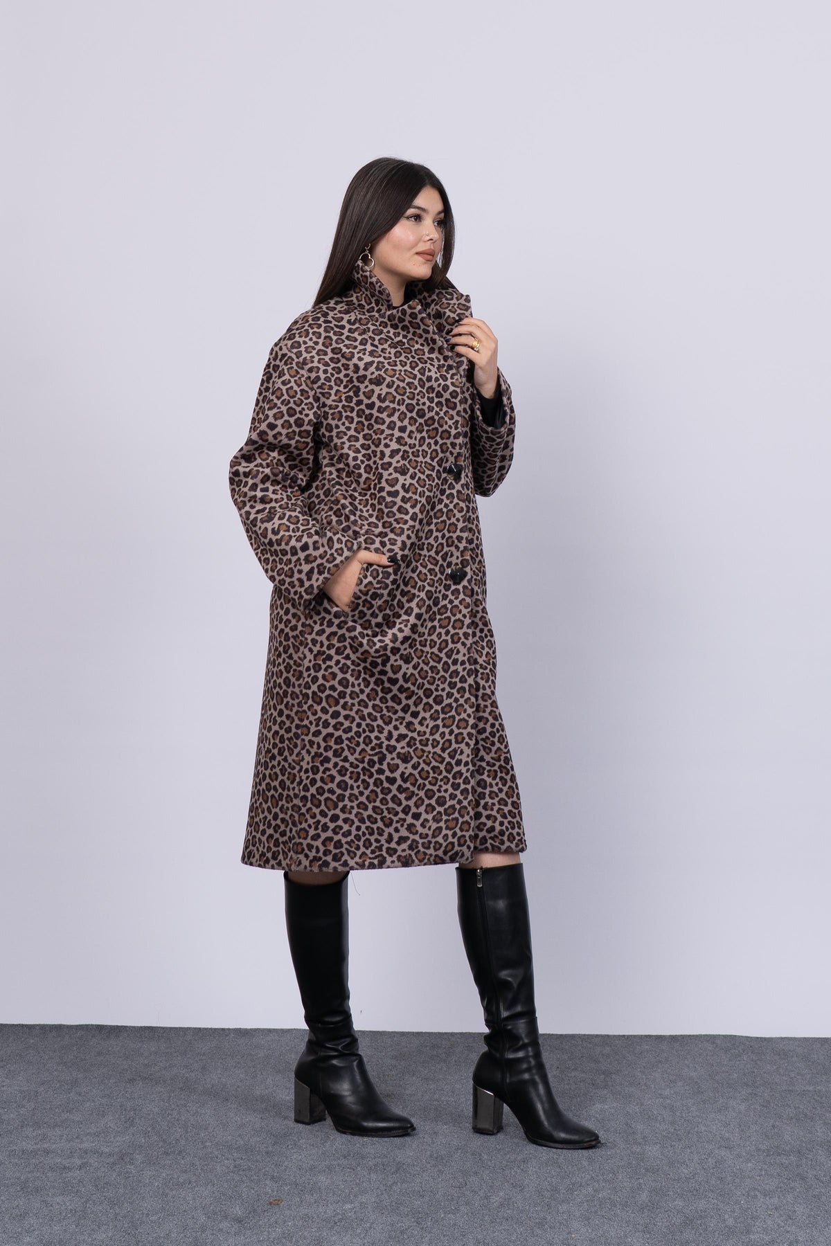 Leopar Desenli Uzun Trend Kaban 2577