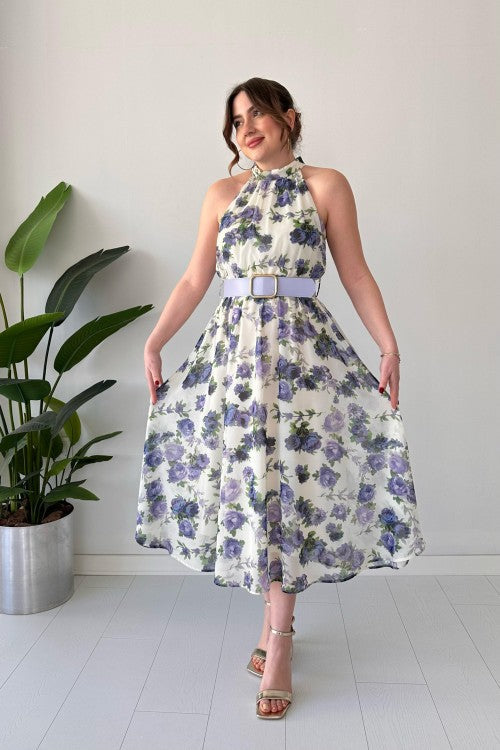 Robe en mousseline de soie à col licou Lily Lilas