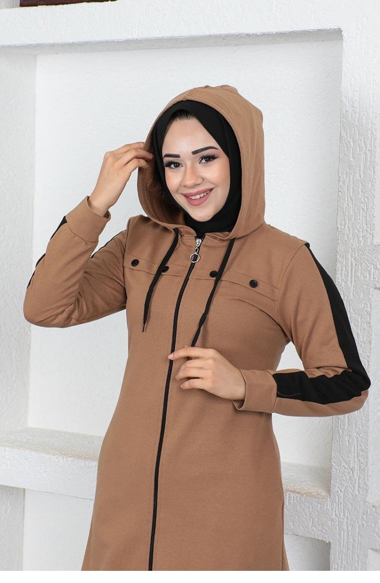 Abaya De Sport Détail Rayure Oeil D`Oiseau 2043-05 Fauve 2043-05