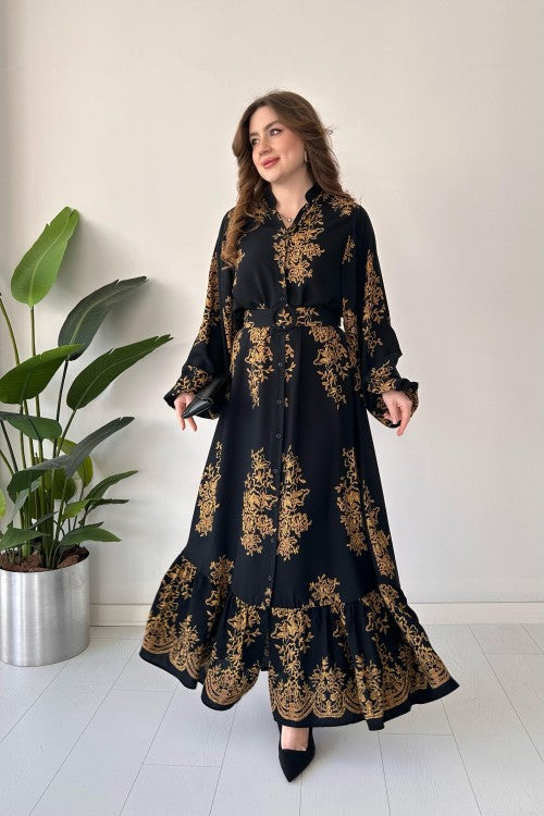 Robe ceinturée à micro-motifs noire