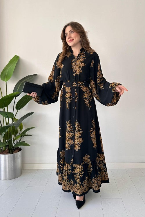 Robe ceinturée à micro-motifs noire