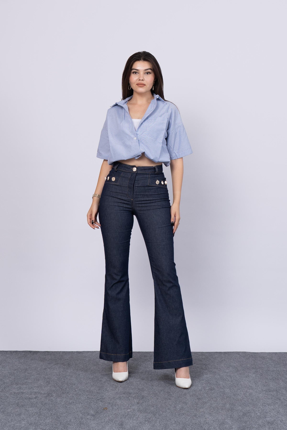 Ön Süs Cepli Düğme Detaylı Denim Likralı Pantolon 30173