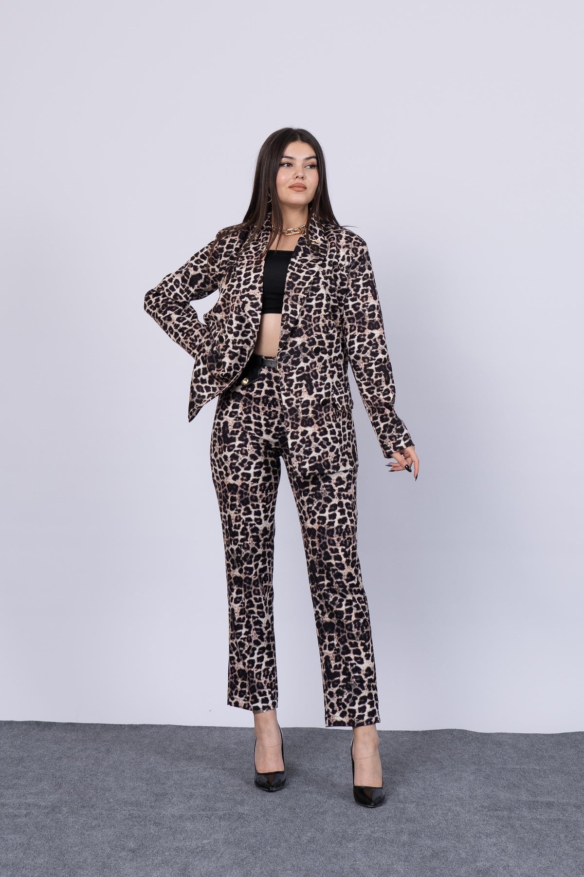 Oversize Leopar Desen Astarlı Ceket ve Kemerli Pantolon 8598