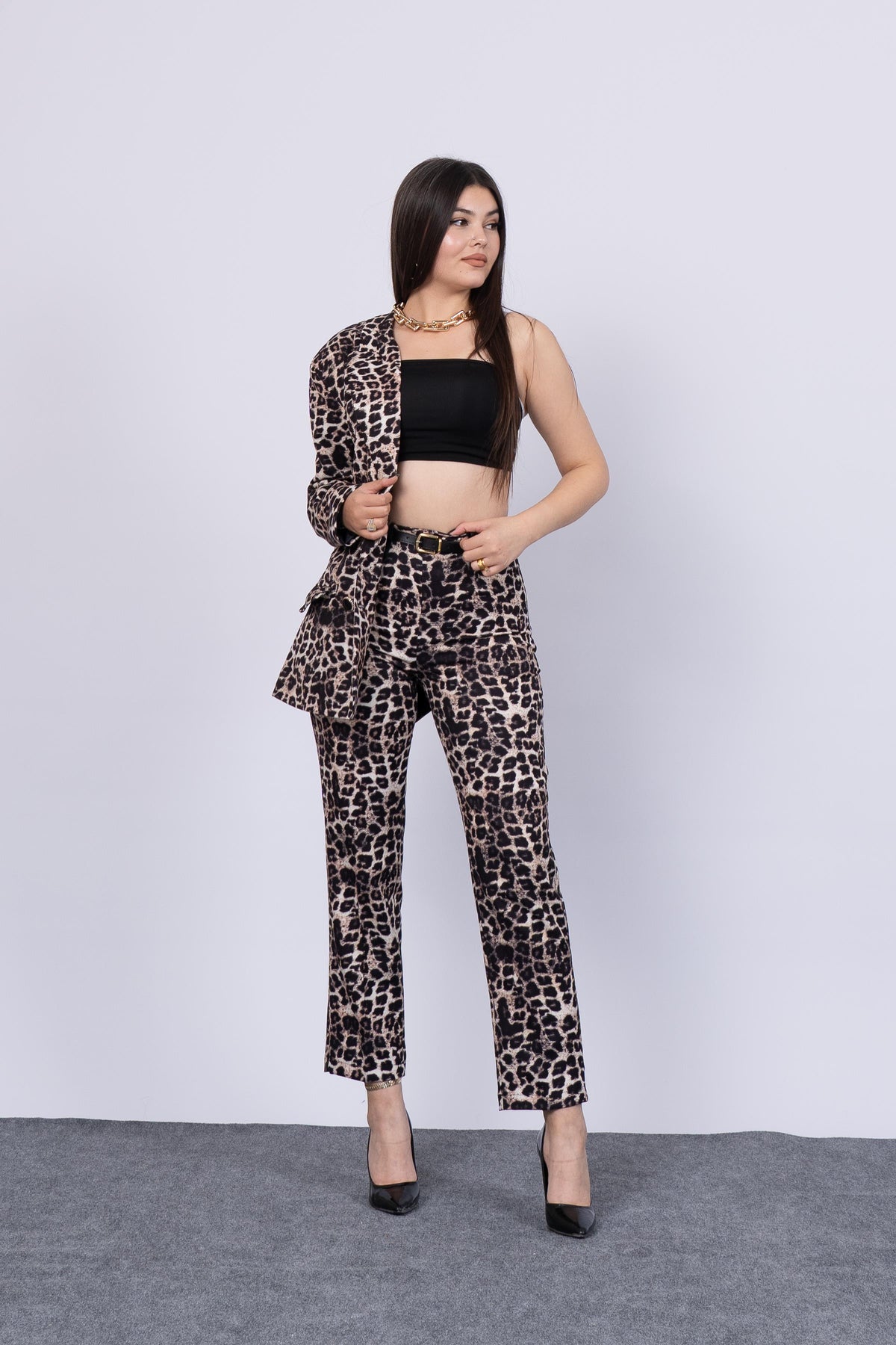 Oversize Leopar Desen Astarlı Ceket ve Kemerli Pantolon 8598