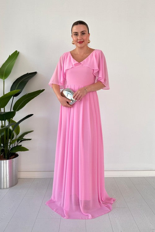 Robe de soirée longue à col cape rose