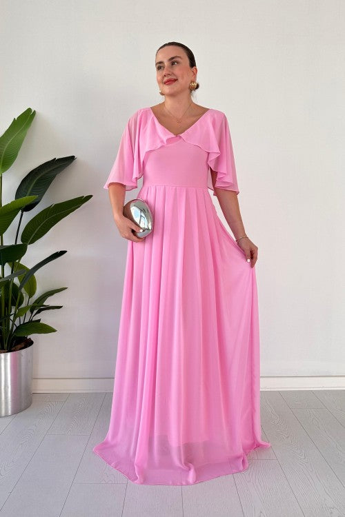 Robe de soirée longue à col cape rose