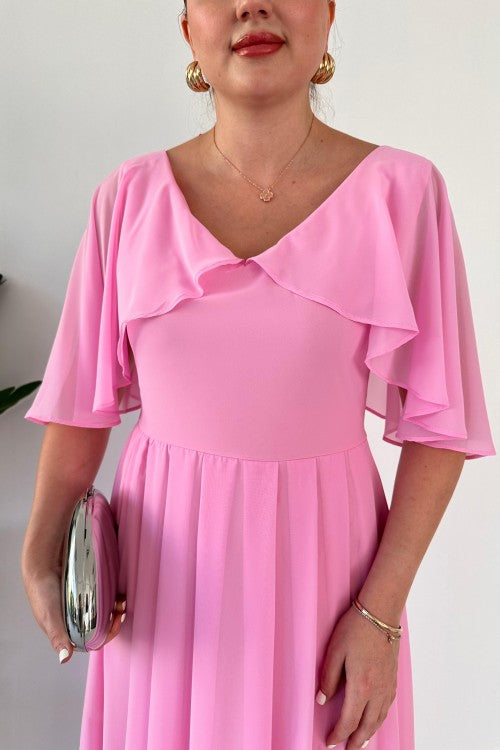 Robe de soirée longue à col cape rose