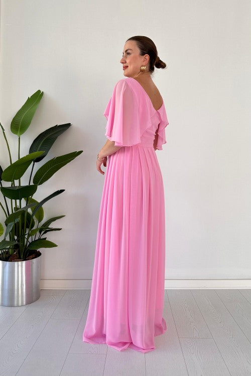 Robe de soirée longue à col cape rose