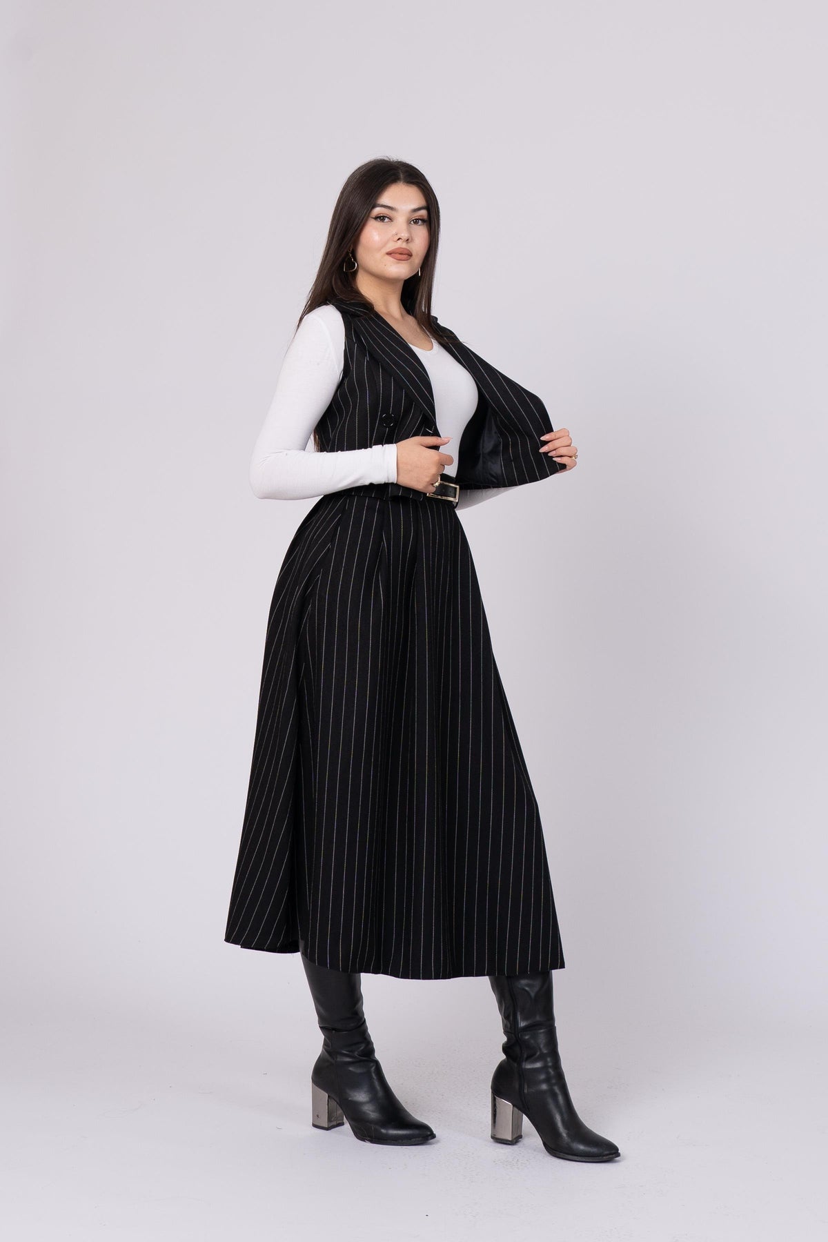 Pilili Çizgili Yelek Kemerli Etek Takım 1172