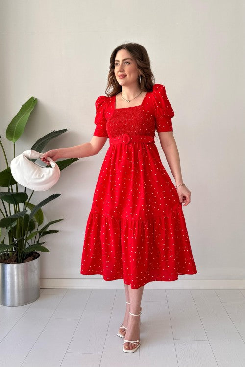 Robe en popeline à pois rouge