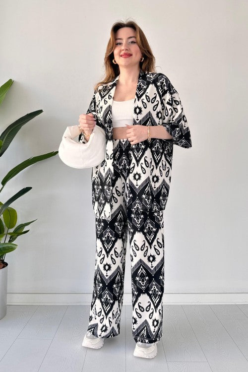 Costume deux pièces en seersucker avec châle noir