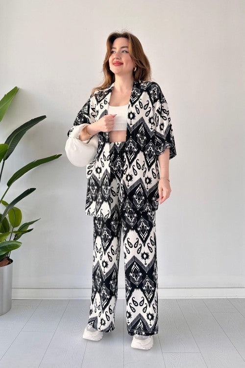 Costume deux pièces en seersucker avec châle noir