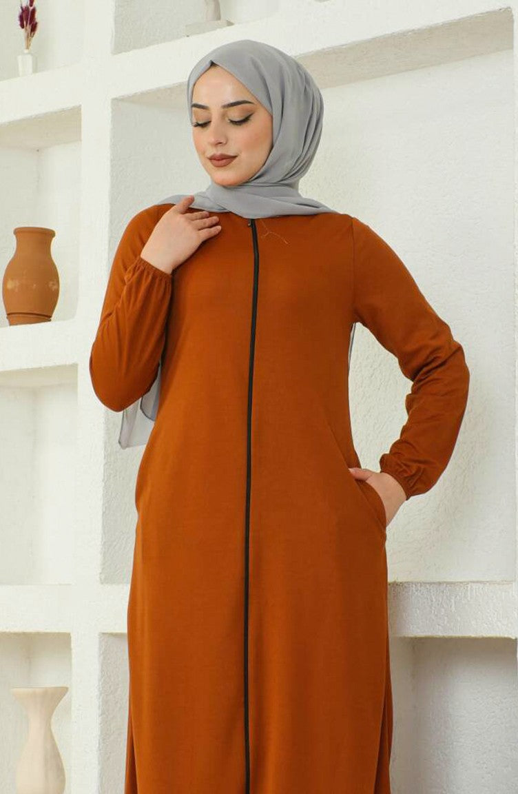 Abaya Avec Poche A Fermeture 6666-11 Tan 6666-11