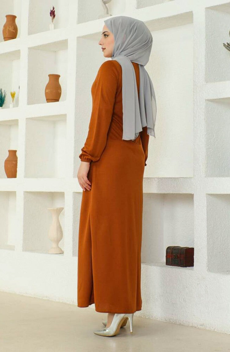 Abaya Avec Poche A Fermeture 6666-11 Tan 6666-11