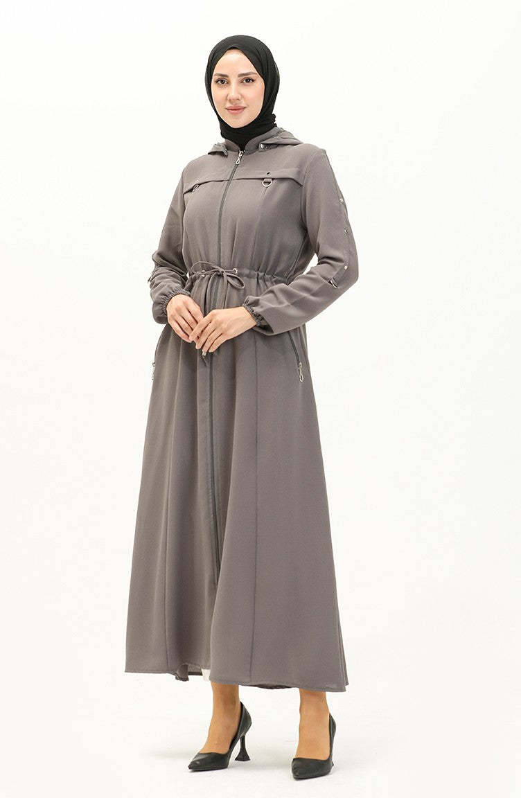 Abaya à Taille Froncée à Capuche 61346-03 Gris 61346-03
