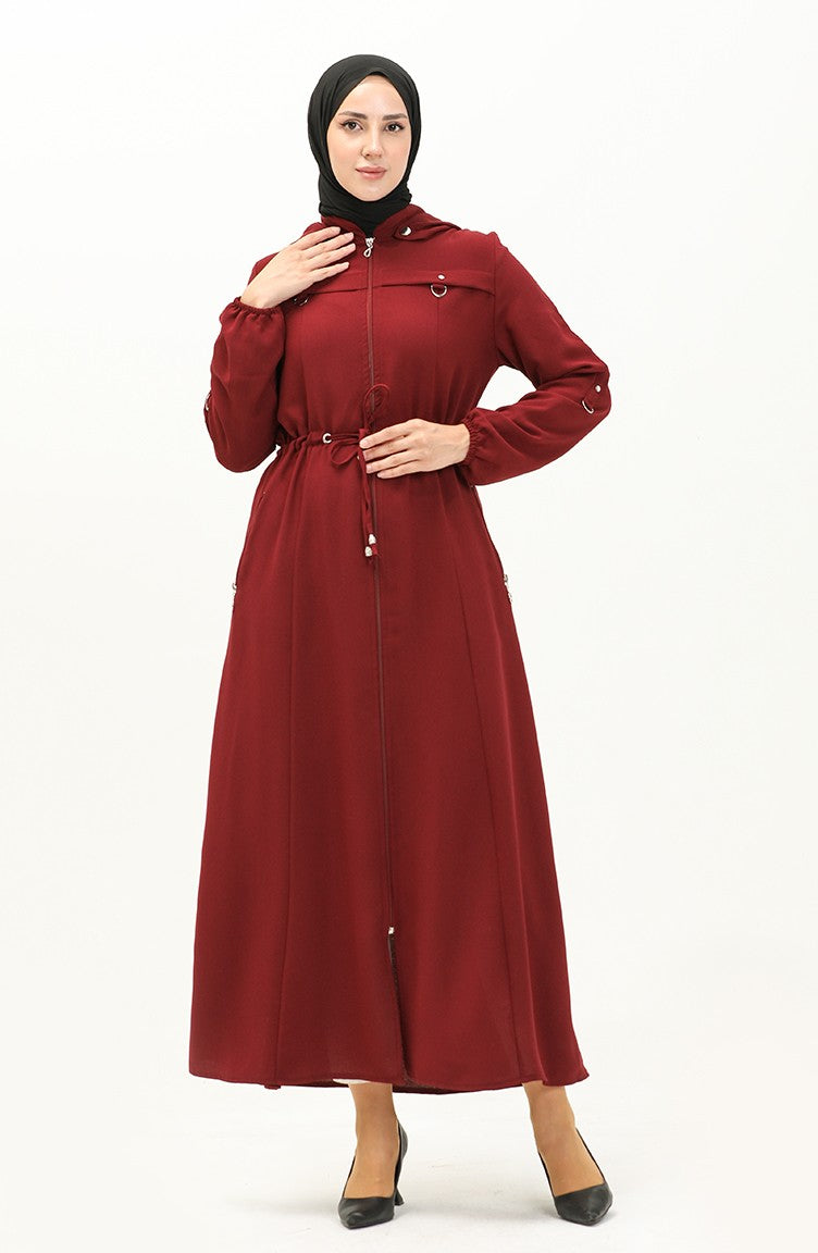 Abaya à Taille Froncée à Capuche 61346-04 Bordeaux 61346-04