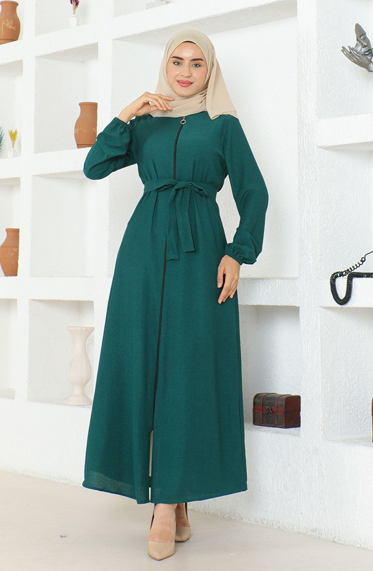 Bürümcük Abaya Avec Ceinture En Tissu 1019-05 Vert Emeraude 1019-05