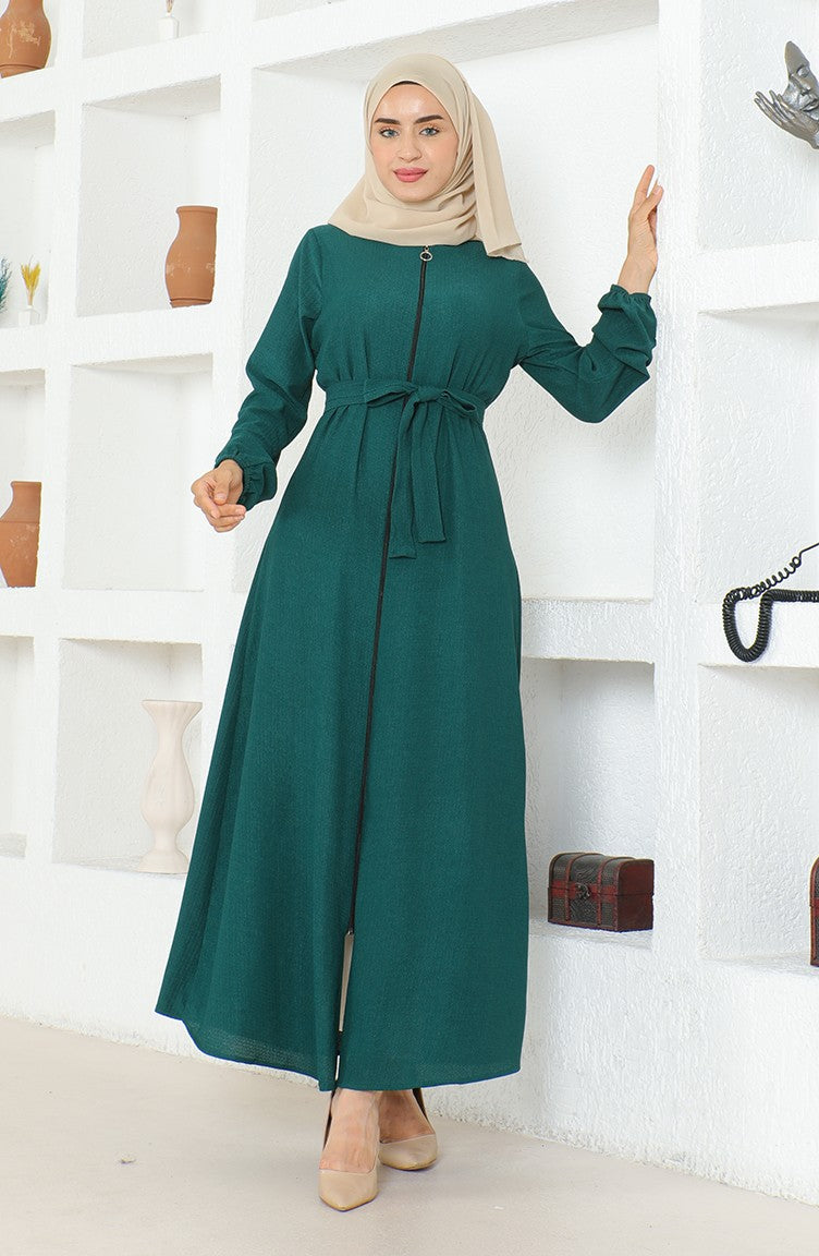 Bürümcük Abaya Avec Ceinture En Tissu 1019-05 Vert Emeraude 1019-05
