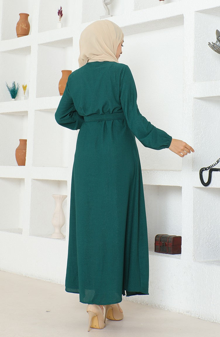 Bürümcük Abaya Avec Ceinture En Tissu 1019-05 Vert Emeraude 1019-05