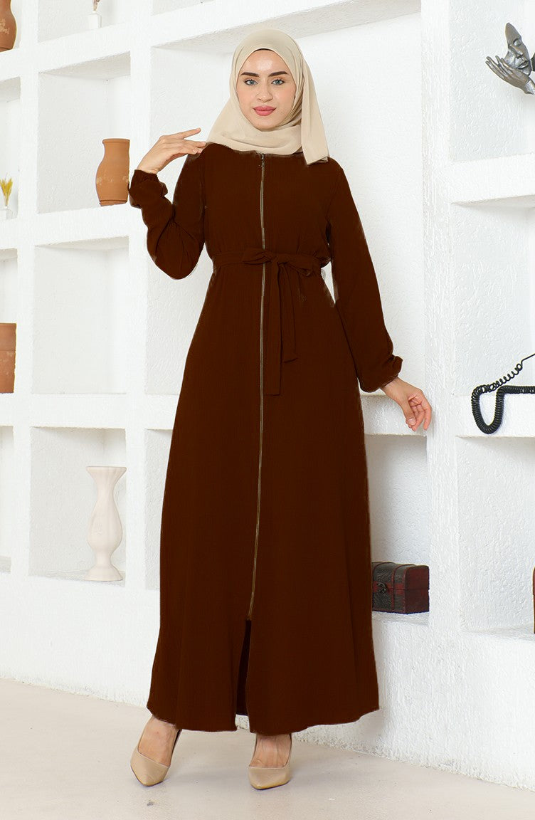 Bürümcük Abaya à Ceinture En Tissu 1019-07 Marron 1019-07