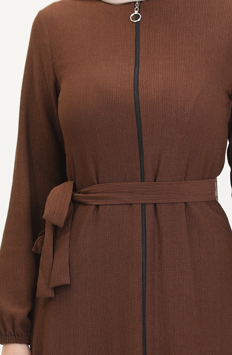 Bürümcük Abaya à Ceinture En Tissu 1019-07 Marron 1019-07