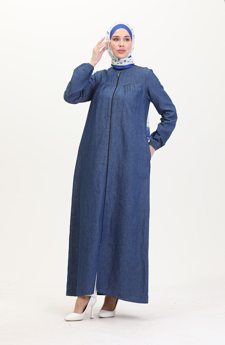Abaya Denim Froncée En Tissu Tensel 2030-01 Bleu Clair 2030-01
