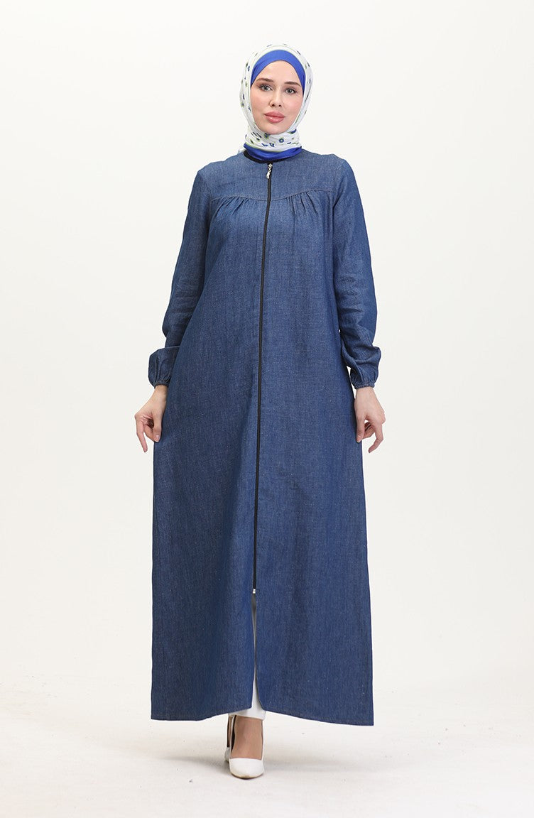 Abaya Denim Froncée En Tissu Tensel 2030-01 Bleu Clair 2030-01